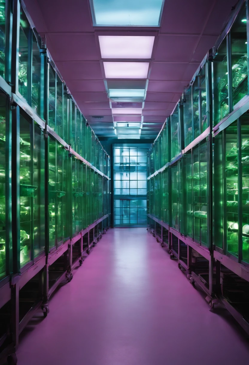 15 cages on either side of a science laboratory, the cages are filled with inhumane amounts of little aliens that are pink and blue; the science lab is broken down and filled with sewage and green fluids
