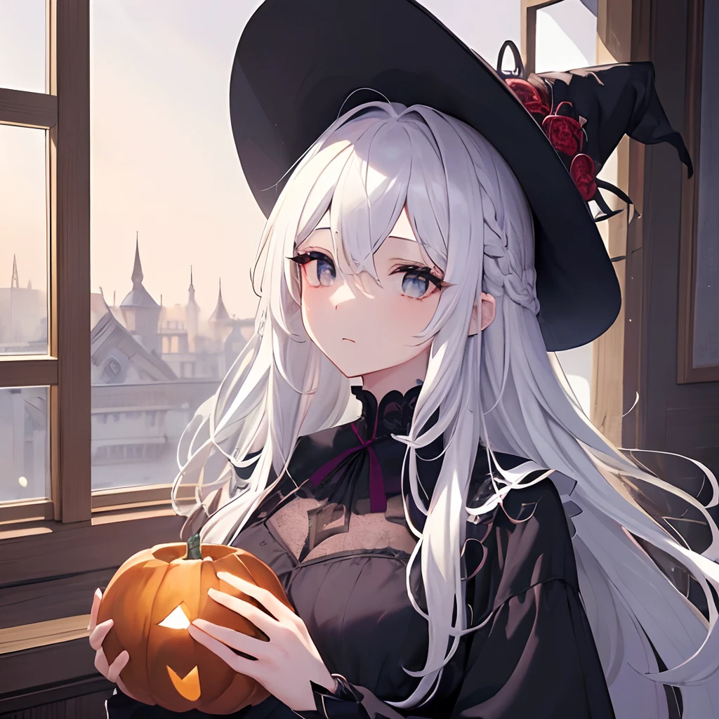 (masterpiece、top-quality、top-quality、Beautifully Aesthetic:1.2)、(1womanl:1.3)、Halloween、picture frame、the witch、Geometric pattern、witch clothing、round frame、(((White hair)))、Longhaire、(((Hair is raging)))、Black Witch's Hat