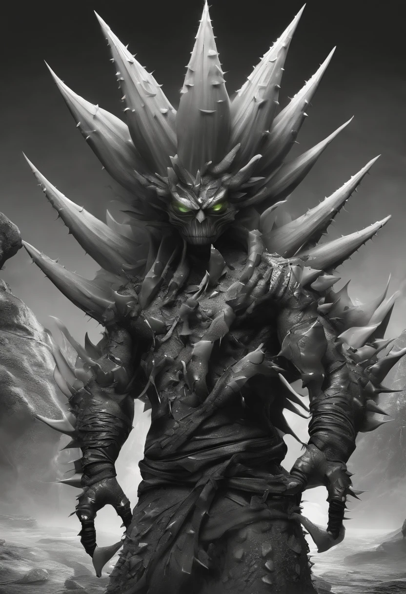 A humanoid cactus that is a street fighter, black and white clothes with triangular eyes, spiked scimitar stuck in its back, manic slime, creepy design, melting, vector art