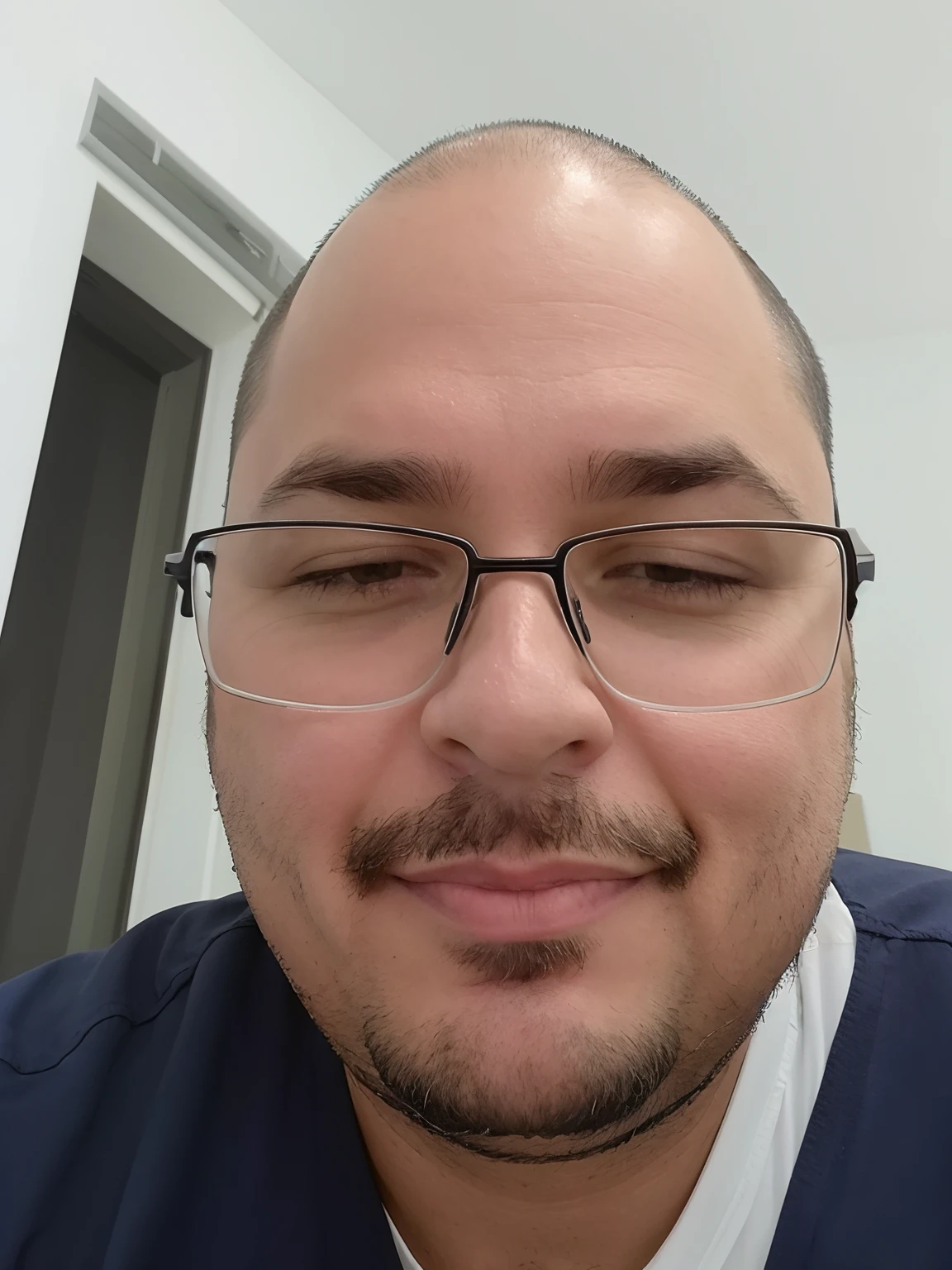there is a man with glasses and a beard wearing a blue shirt, restolho raspado, (38 anos), Fotografia selfie 8k, ligeiro restolho, sem cabelo, completamente careca;, sem barba e bigode, Homem de 4 0 anos, sem barba, with glasses and goatee, restolho no rosto, com uma barba pequena, neckbeard