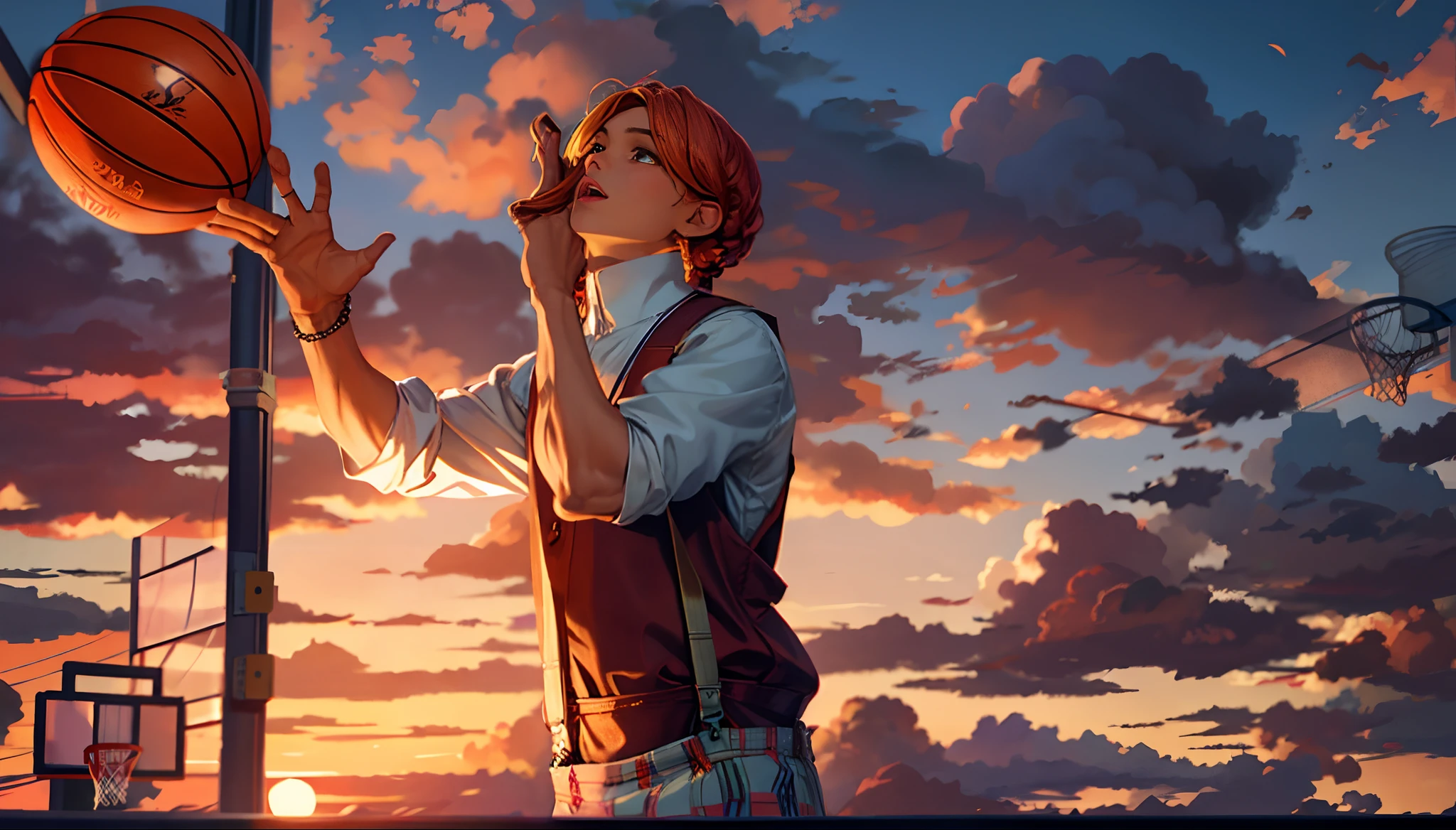 the sunset,eventide,middle parted hairstyle,Suspenders,Hands up,basketball ball