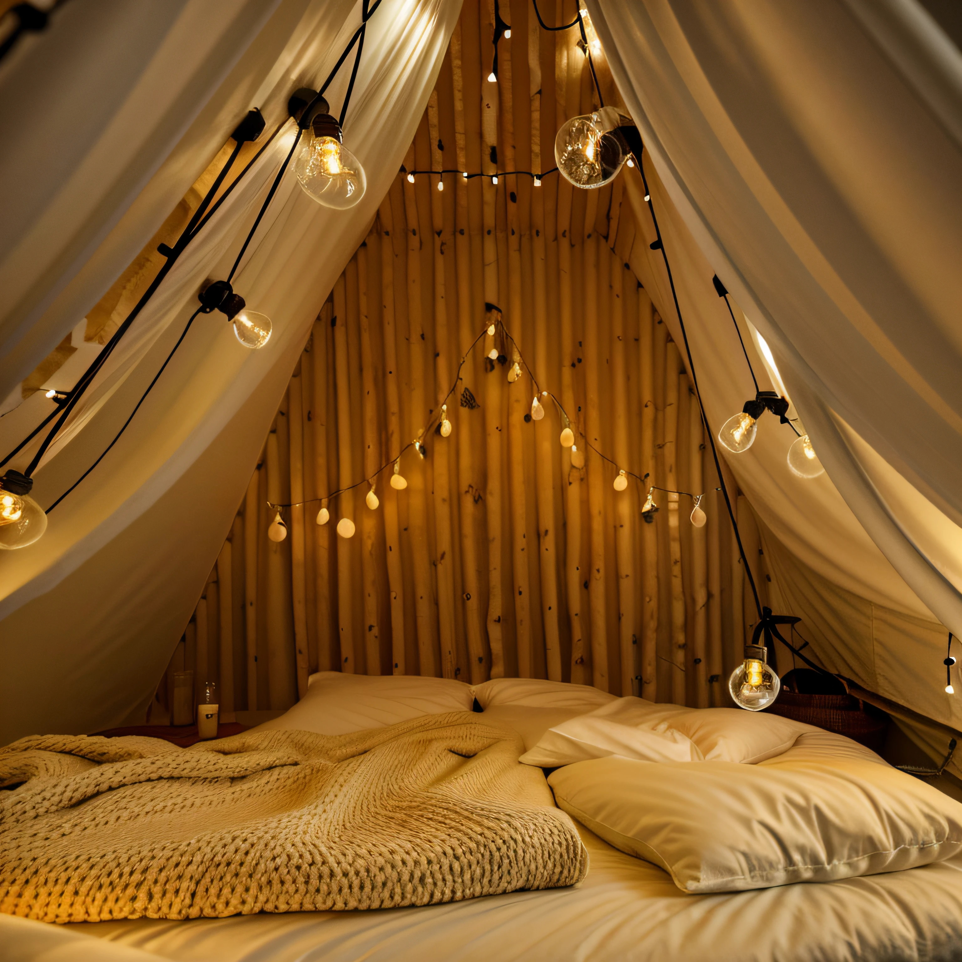 There is a bed,The canopy of the bed is made of white sheets and lamps, interior of a tent, glamping, Comfortable lighting, Comfortable lighting, cosy atmoshpere, Children's room, with glowing lights at night, comfortable atmosphere, Warm ambient lighting, cozy environment, cosy atmoshpere, Comfortable lighting, indoor soft lighting, Ambient lighting at night, cozy and peaceful atmosphere