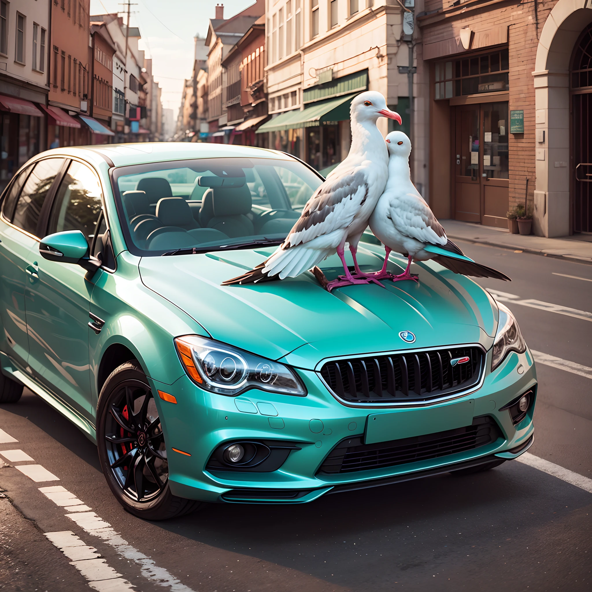 two seegulls stand on a car --auto --s2