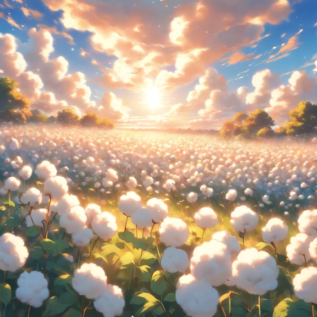 cotton field,illustration,cotton buds,floating cotton,pure white clouds,bright blue sky,(best quality,4k,highres:1.2),ultra-detailed,soft light,sunshine,vivid colors,serene scenery,peaceful atmosphere