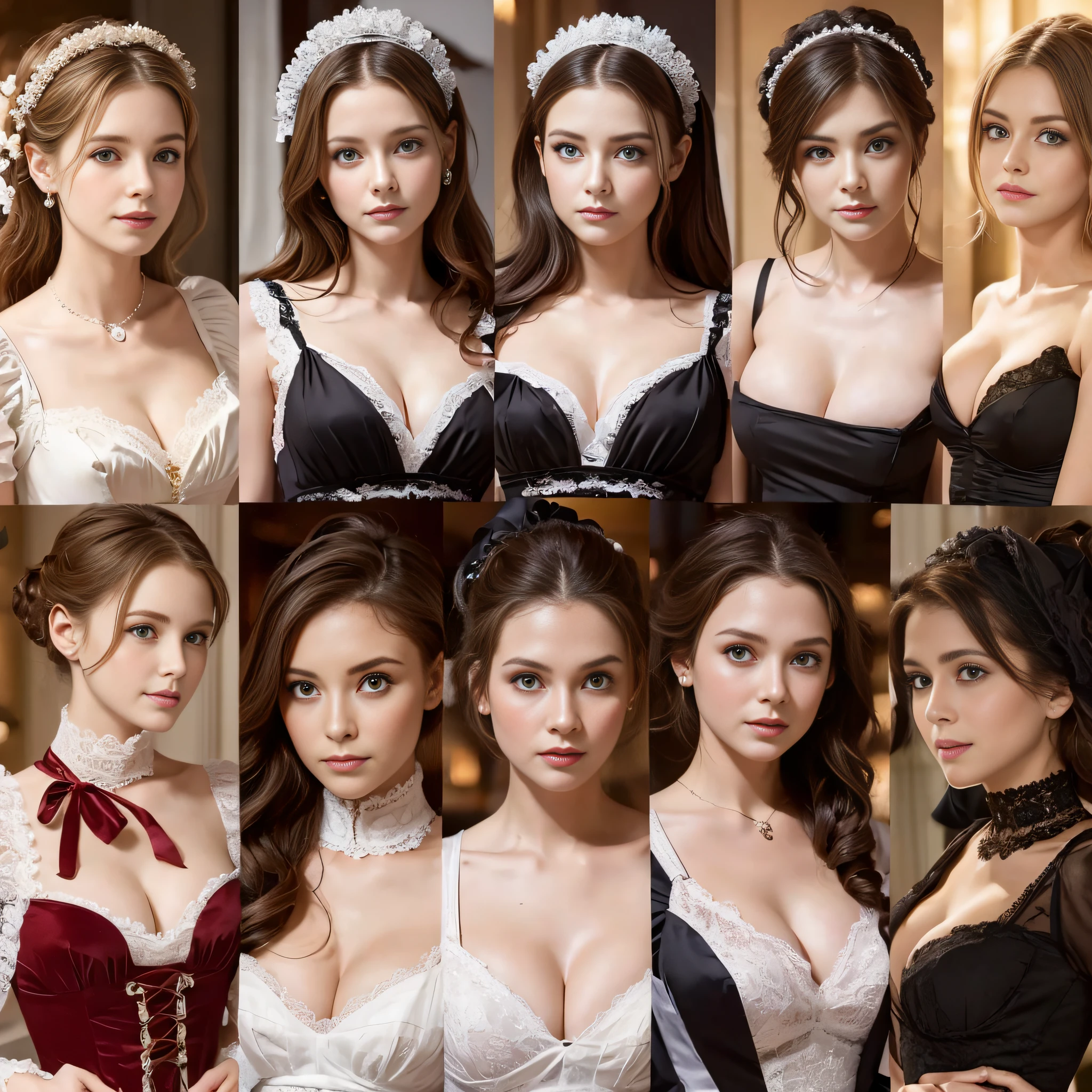 victorian maids line up, luxury royal lobby, detailed face, cute face, attractive feminine body, young girls:1.4, cleavage