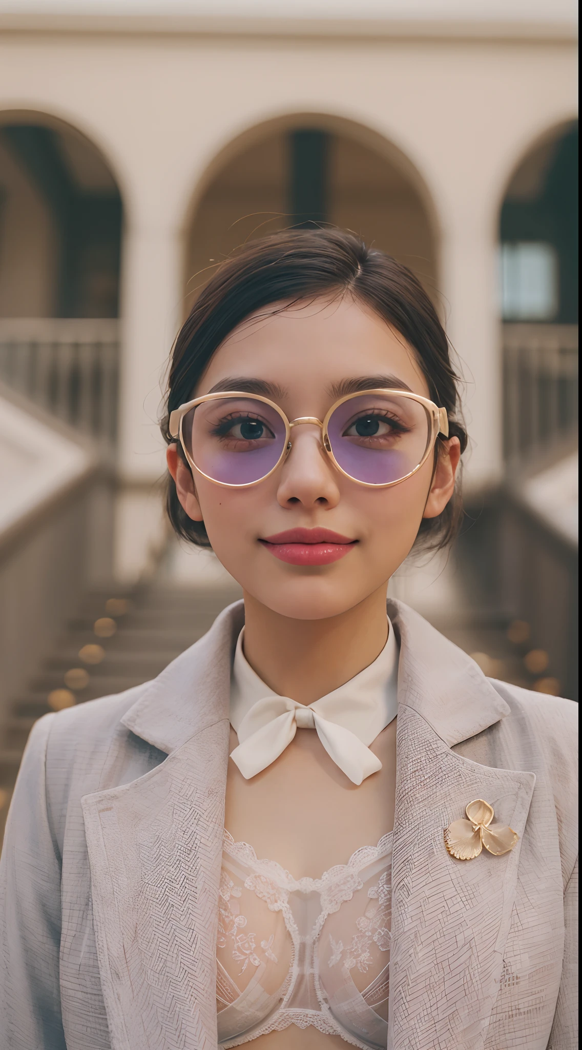 (masterpiece, best quality:1.2), cowboy shot, solo, 1 malay girl, smile, looking at viewer, hand on hip,pastel color hijab, eyewear on head, white floral lace bra, pastel purple trench coat, High Waist Plicated Detail white Suit Pants, in the style of Grand Budapest Hotel directed by Wes Anderson , 35mm lense, Front Shot, Deep Focus cinematography effect, Natural Lighting, warm-toned color grading, high quality, ultra detail, 8k resolution,