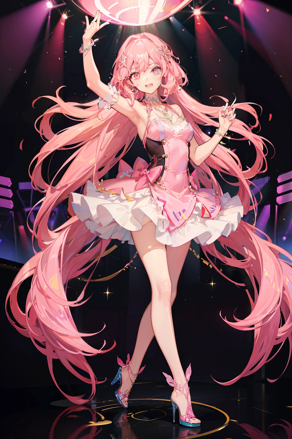 masterpiece, best quality, ((naked)), ((completely naked)), dstomoca, pink hair, very long hair, two side up, yellow eyes, small breasts, star hair ornament, hair bow, dress, bowtie, gloves, center cutout, single thighhighs