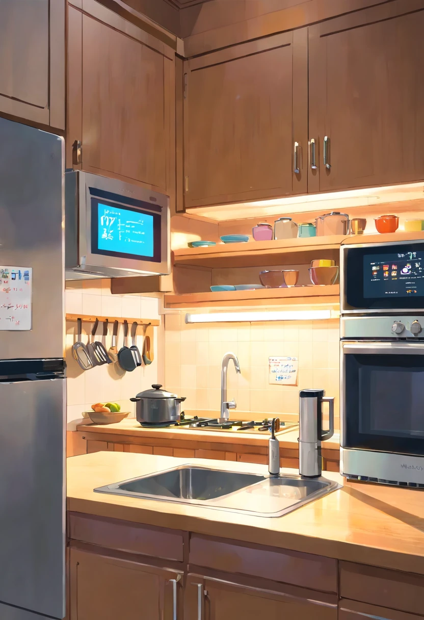 In the bright kitchen,(In the middle is a microwave:1.4),(tap:1.2),cupboard, oven,Super detail, High details, high qulity