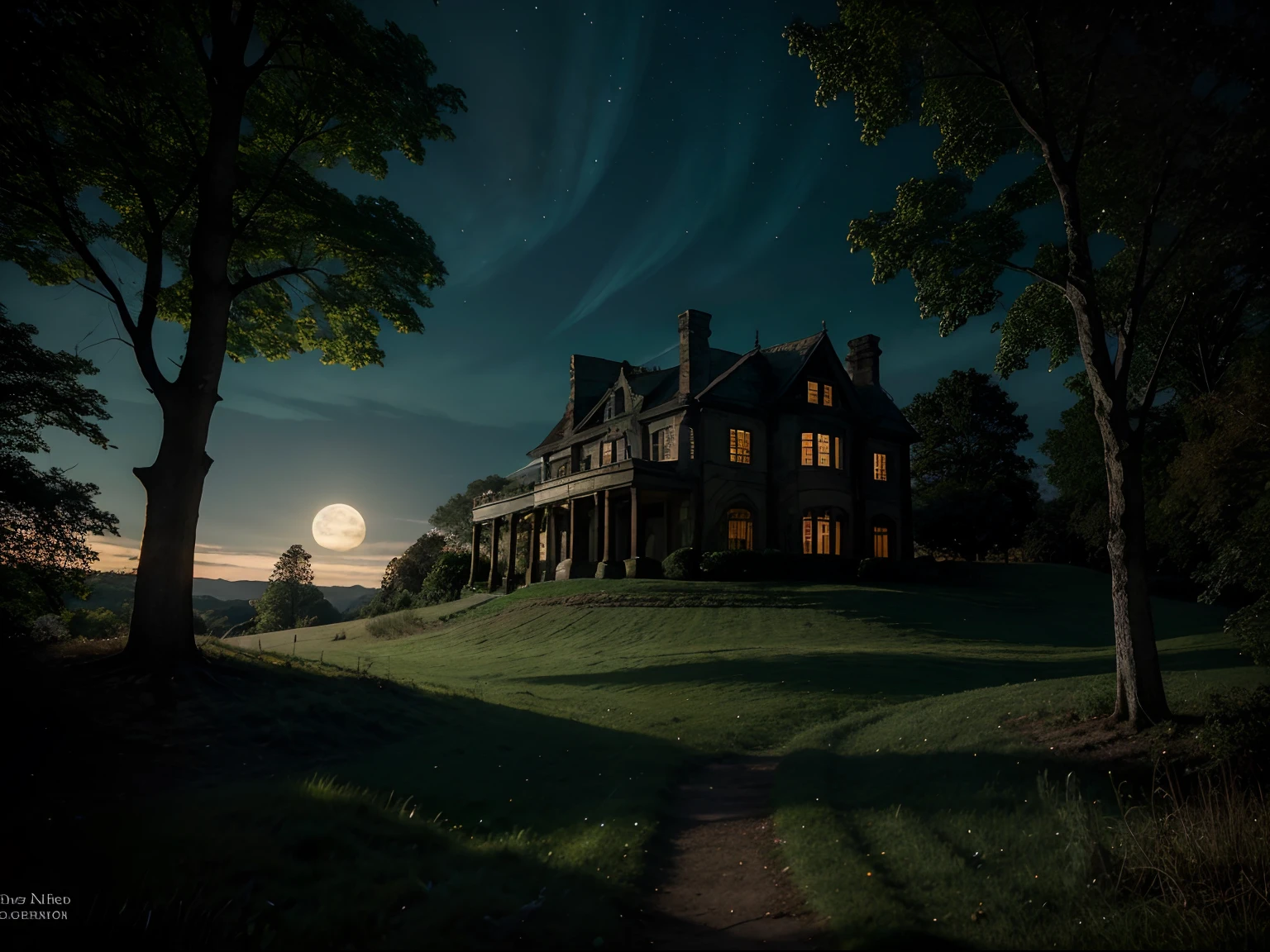 The background image displays Hollow Hill, a hill with a lush green meadow at its base, where the sun has dipped below the horizon. The hill is expansive, covered in trees and ancient, gnarled foliage. The night sky, deep blue and starry, stretches overhead, adorned with thousands of shimmering stars.
The hill conveys an air of mystique and antiquity, with old, twisted trees and winding foliage creating long, eerie shadows. The ground is covered in vibrant, emerald-green grass, but moonlight sparkles, casting enchanting, profound shadows.
In the distance, Hollow Hill emerges as a classical hill, and atop its summit, you can see a desolate mansion, with weathered, arched windows and a sloping, tiled roof. The night sky provides a backdrop for the mansion, with moonlight filtering through the foliage and creating haunting, eerie shadows on the mansion's walls.
The image captures the atmosphere of the eerie and mysterious Hollow Hill. It is a Halloween night to remember, one where brave explorers ventured into the realm of the supernatural and encountered enigmatic tales on this hillside.
And so, Hollow Hill remains a symbol of that memorable Halloween night, one that evokes a sense of wonder and nostalgia, and the enduring mysteries of a night shrouded in legend.