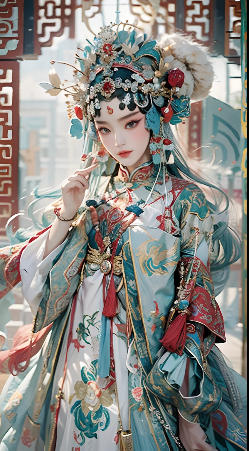 Best picture quality， tmasterpiece， 超高分辨率， （Fidelity：1.4）， photore，Masterpiece, Best quality, Masterpiece, Best quality, 1girll, Flowing costumes，Bigchest，beijing opera,tchibi