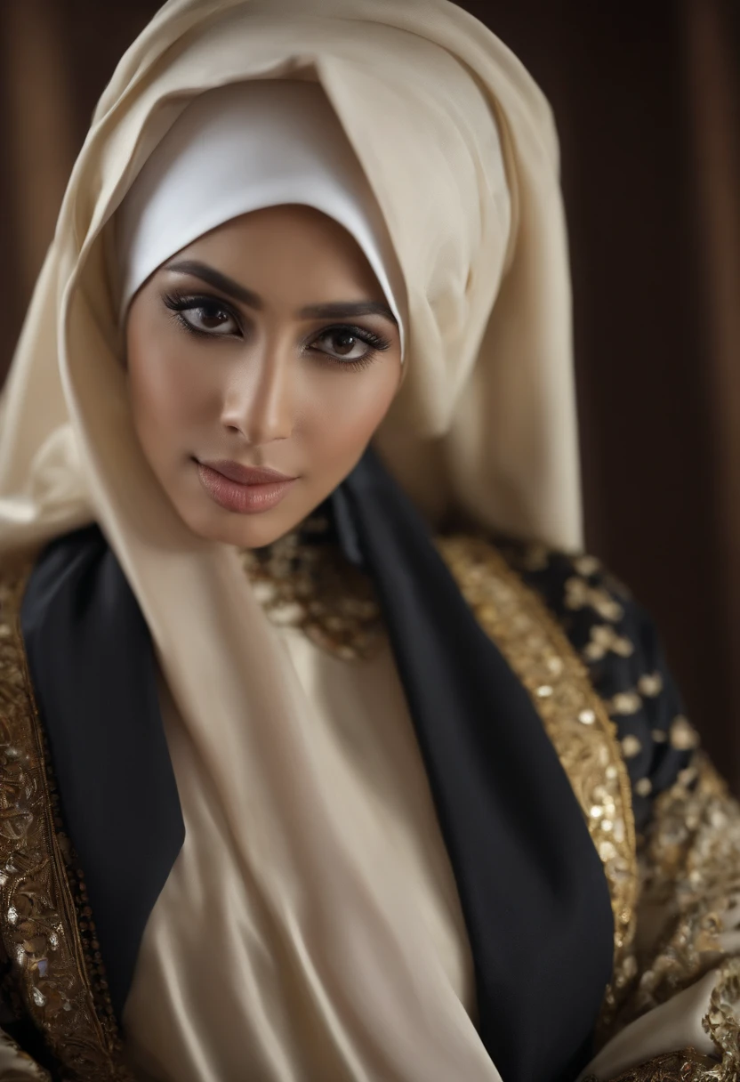 DMM, ((Masterpiece, best quality, photography, detailed skin, realistic, photo-realistic, 8k, highly detailed, full length frame, High detail RAW color art, diffused soft lighting, shallow depth of field, sharp focus, hyperrealism, cinematic lighting, hijab, a woman in a beautifully makeup, eyeshadow, beautiful big eyes, long eye lashes, wearing (Gray satin hijab), loosely tide hijab style, ((Taupe satin kaftan)),