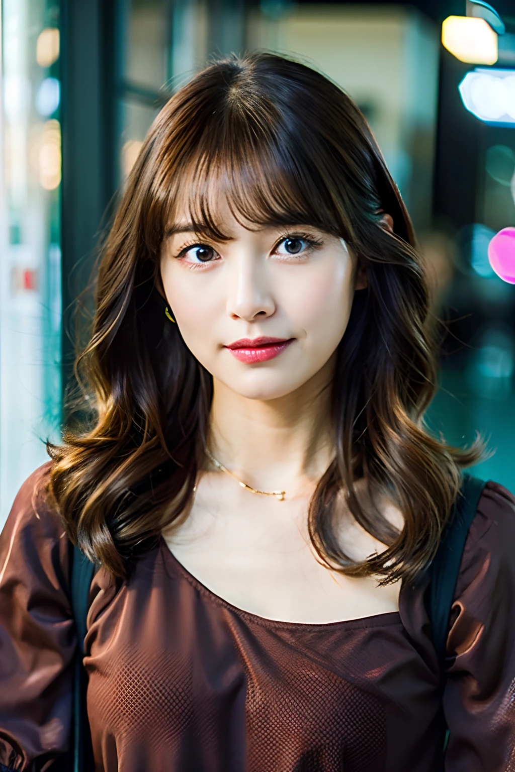 Woman in her early 30s、curtain bangs、dark brown hair、loose wavy hair、Korean Constriction Hair