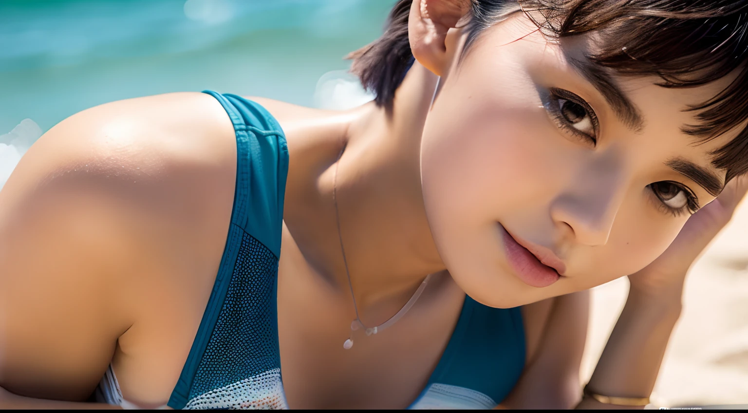 top-quality, masterpiece, hight resolution, 1girl, beautiful and flawless face, Shorthair, Beach Volleyball Wear, intricate-detail, Cinematic feel, 8K, ighly detailed,huge tit,kawaii
