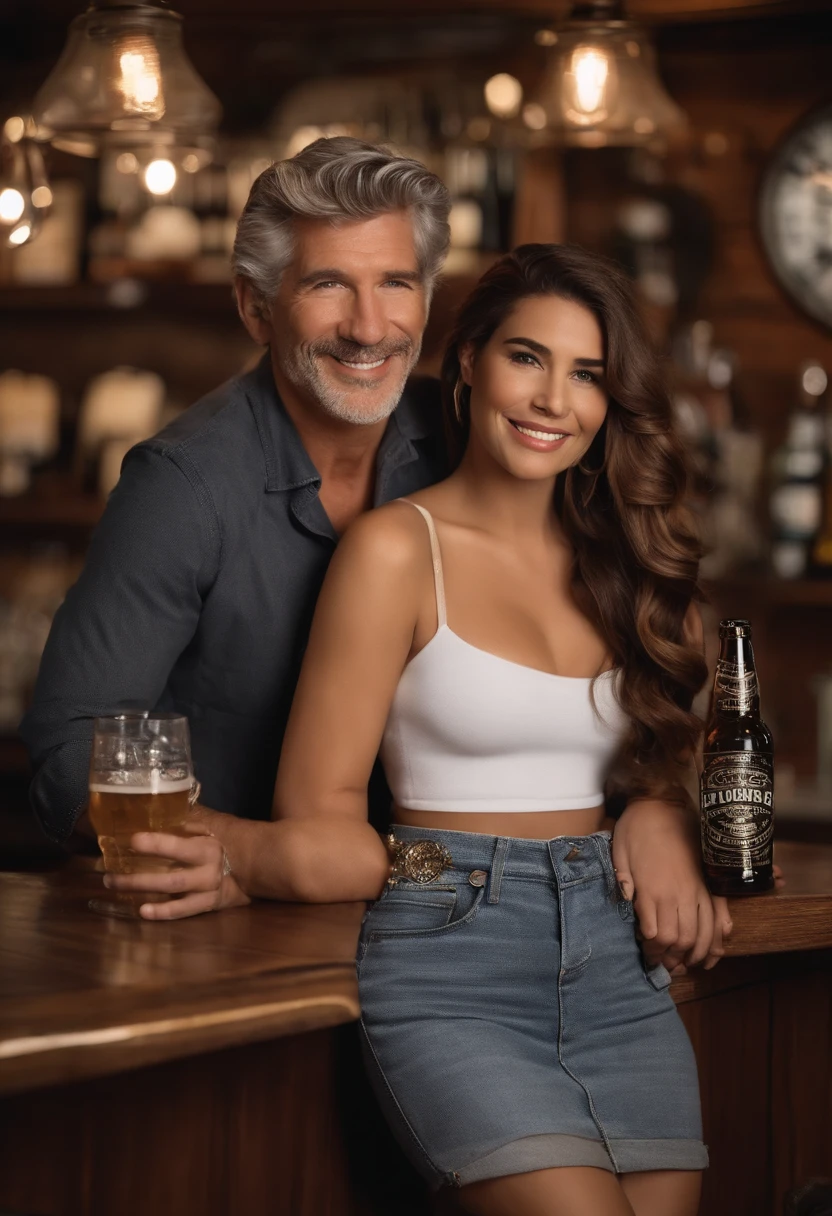 Gere dois persongens no estilo "disney pixar" um garoto de 23 anos, corpo magro, pinta na testa, cabelo ondulado curto castanho claro de topete, alargadores prata nas orelhas, usando uma jaqueta preta da marca element estampado por cobras no peito e usando uma camisa preta por baixo, tatuagens em estilo old scholl, Smoking and with a bottle of beer in his hand standing in a bar hugging a 26-year-old girl, corpo magro, cabelo longo e liso da cor ruivo com partes pretas, piercing na boca e nas duas orelhas, usando uma blusa cropped na altura da barriga, e tatuagem em estilo old scholl, The two of them together standing hugging in a bar, luz de boate ao fundo, imagem nitida com luzes claras e detalhada 8k