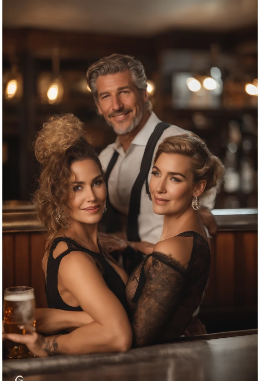 Gere dois persongens no estilo "disney pixar" um garoto de 23 anos, corpo magro, pinta na testa, cabelo ondulado curto castanho claro de topete, alargadores prata nas orelhas, usando uma jaqueta preta da marca element estampado por cobras no peito e usando uma camisa preta por baixo, tatuagens em estilo old scholl, Smoking and with a bottle of beer in his hand standing in a bar hugging a 26-year-old girl, corpo magro, cabelo longo e liso da cor ruivo com partes pretas, piercing na boca e nas duas orelhas, usando uma blusa cropped na altura da barriga, e tatuagem em estilo old scholl, The two of them together standing hugging in a bar, luz de boate ao fundo, imagem nitida com luzes claras e detalhada 8k
