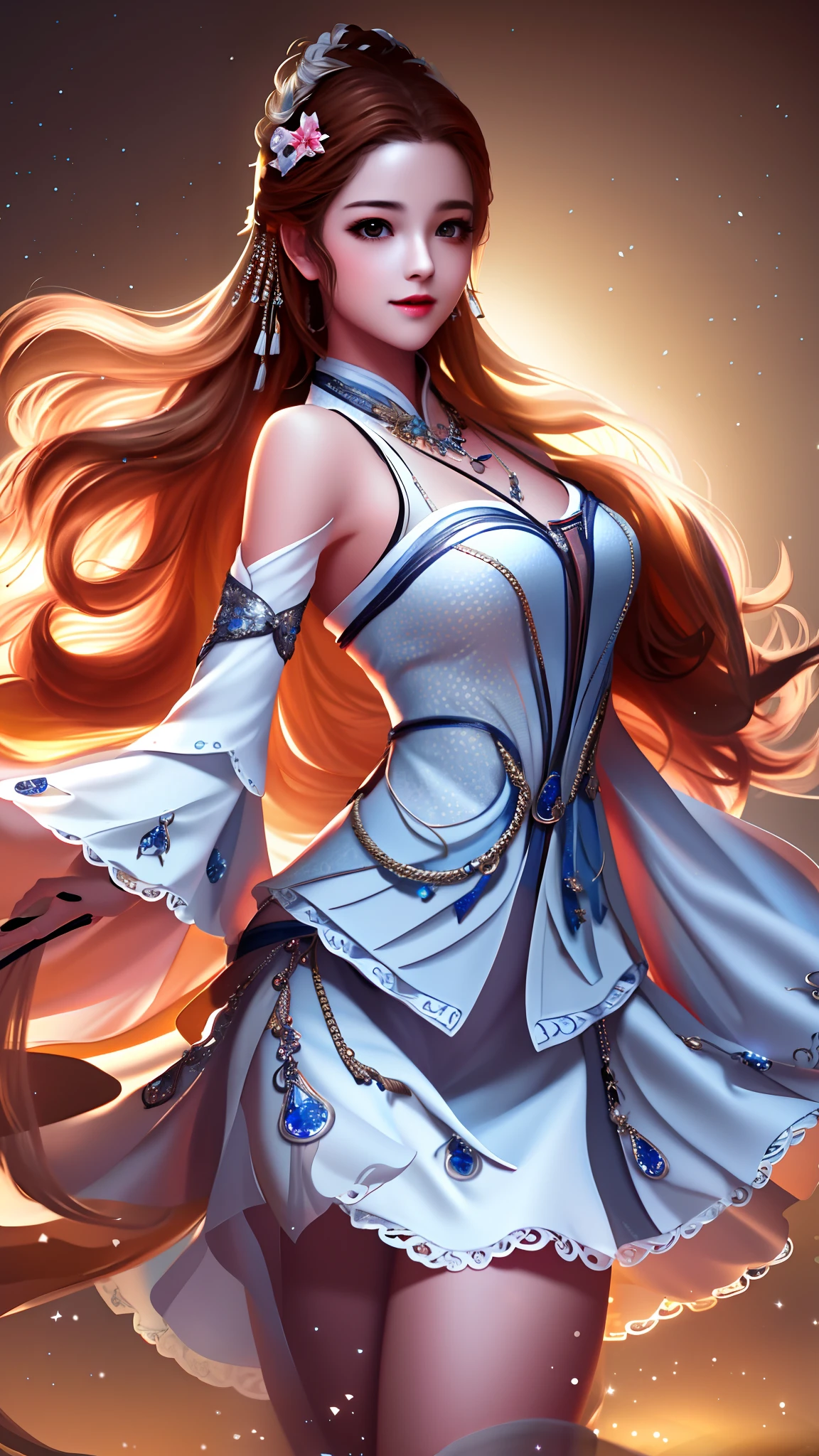 best quality, masterpiece, highres, 1girl,blush,(seductive smile:0.8),star-shaped pupils,china hanfu,hair ornament,necklace, jewelry,Beautiful face,upon_body, tyndall effect,photorealistic, dark studio, rim lighting, two tone lighting,(high detailed skin:1.2), 8k uhd, dslr, soft lighting, high quality, volumetric lighting, candid, Photograph, high resolution, 4k, 8k, Bokeh