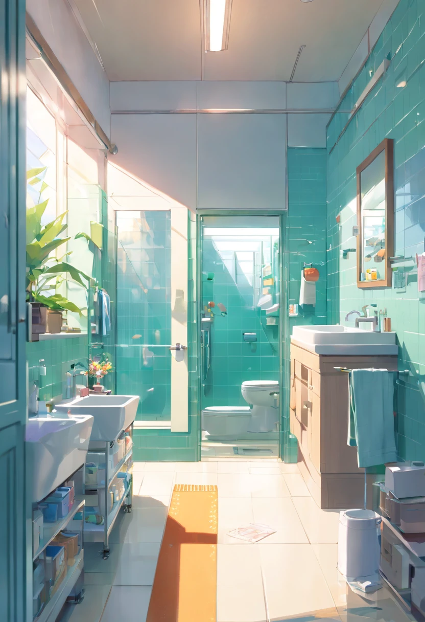 In the bright bathroom，(In the middle is a mirror:1.4)，(tap:1.2)，toothpaste，toothbrush，Sinks，,Super detail, High details, high qulity
