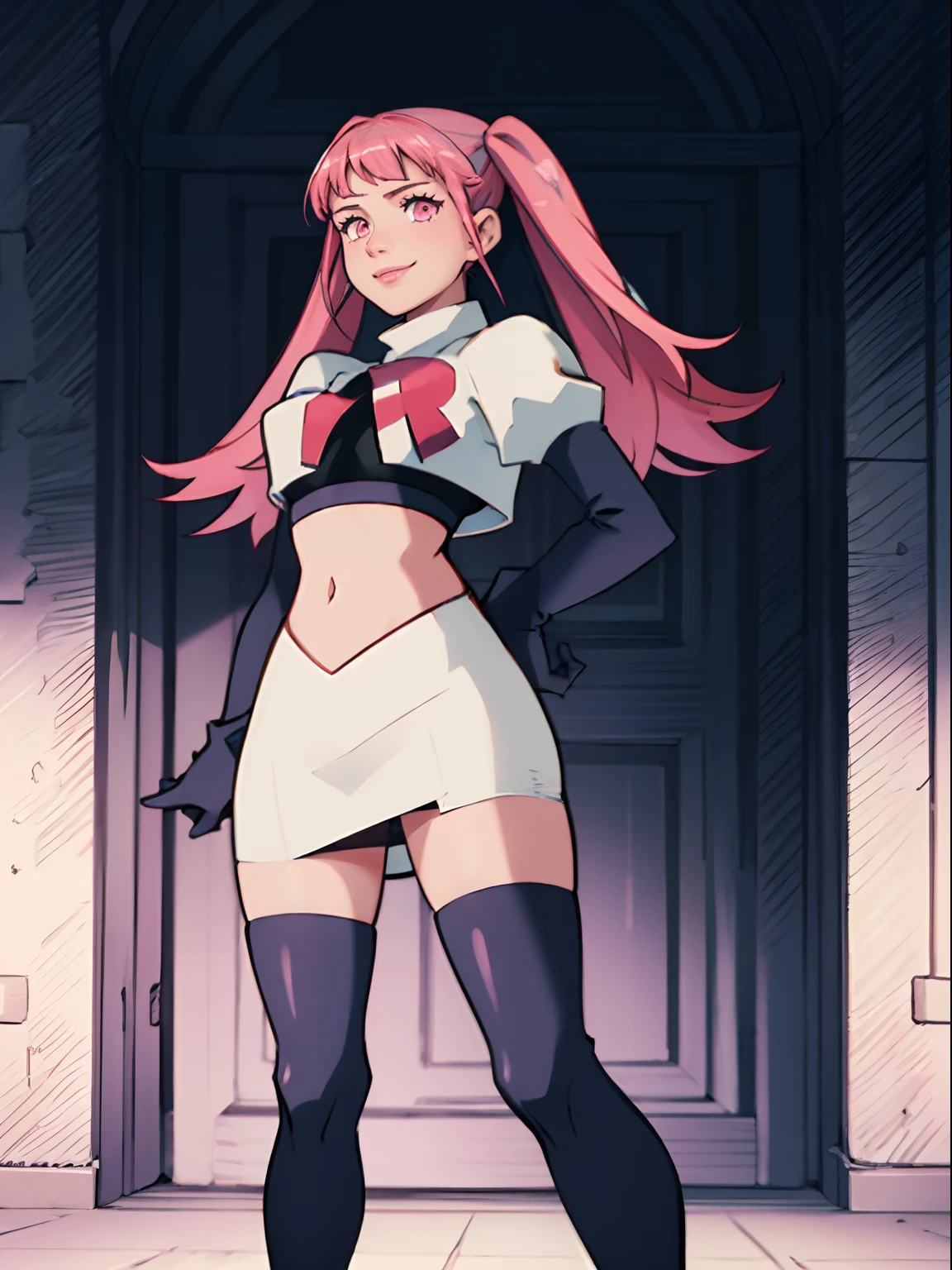 hilda valentine goneril, twintails pink hair, pink eyes ,rocket,team rocket uniform, red letter R, white skirt,white crop top,black thigh-highs,black elbow gloves, smile, hands behind back