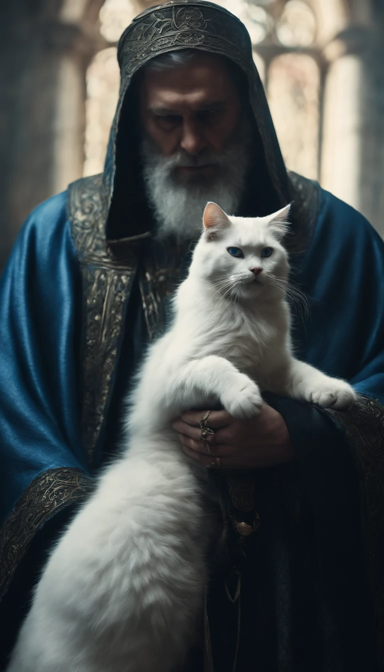 big fluffy white cat with cool leather necklace fight with scared orthodox priest with blue beard and tattered robe, digital art