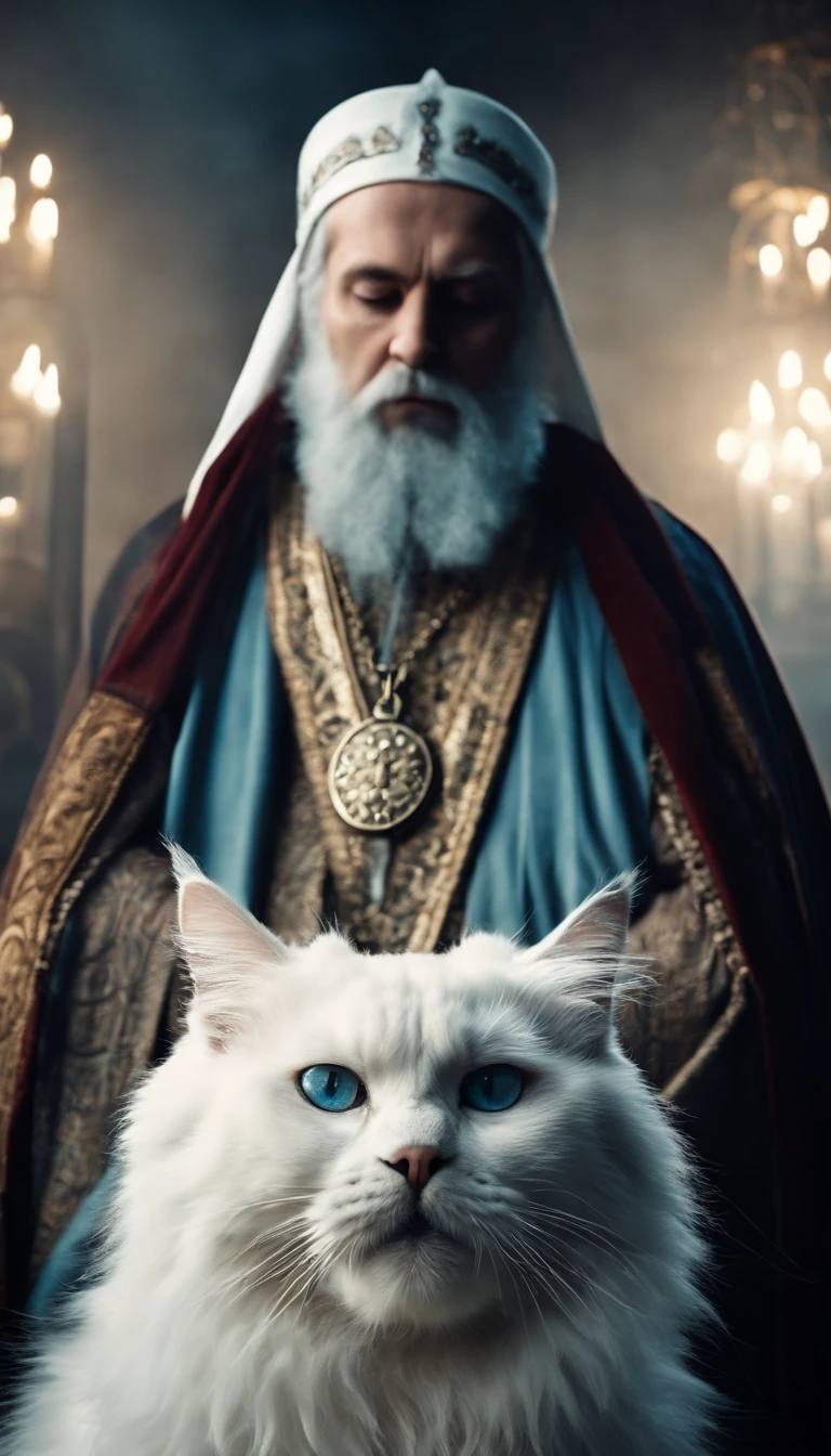 big fluffy white cat with cool leather necklace fight with scared orthodox priest with blue beard and tattered robe, digital art