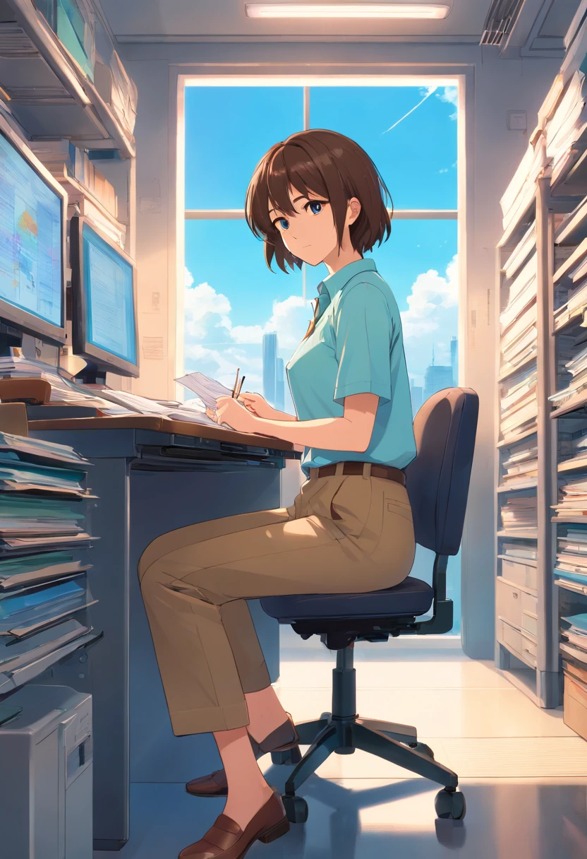 mother with big breasts(Sky blue short sleeves,Short brown hair,long trousers,No braids)Sitting in a control center full of computers reading documents and desks full of documents