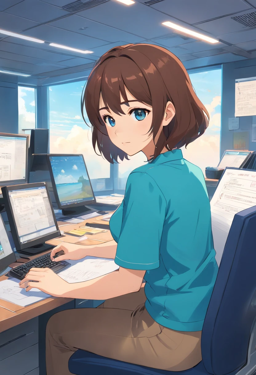 mother with big breasts（Sky blue short sleeves，Short brown hair，long trousers，No braids）Sitting in a control center full of computers reading documents and desks full of documents