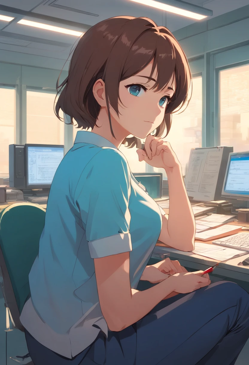 mother with big breasts（Sky blue short sleeves，Short brown hair，No braids）Sitting in a control center full of computers reading documents and desks full of documents