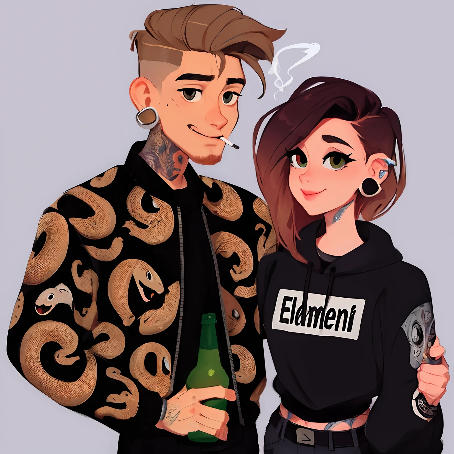 Cartoon illustration of a man and a woman smoking and holding a beer, Cartoon style illustration, Jazza e Rossdraw, rob rey and kentarõ miura style, estilo de arte dos desenhos animados, fanart detalhado, fanart de alta qualidade, arte fofa, Alena Aenami e Android Jones, Loish e Ross Tran, estilo de arte loish, Rossdraw e Jazza