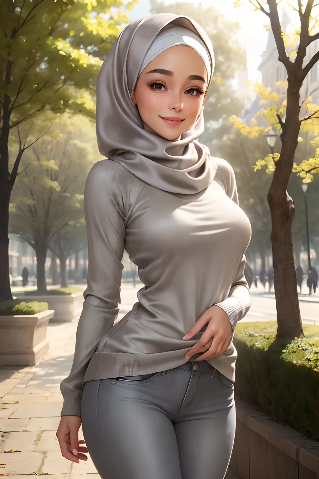 1 hijabgirl, holding_phone, solo, selfie,  standing, brown_eyes, long_hijab, long shirt and pants, breasts, red_lips, (P cup), in city street,korean girl ,,  wet , gently smiling and happy detailed face,