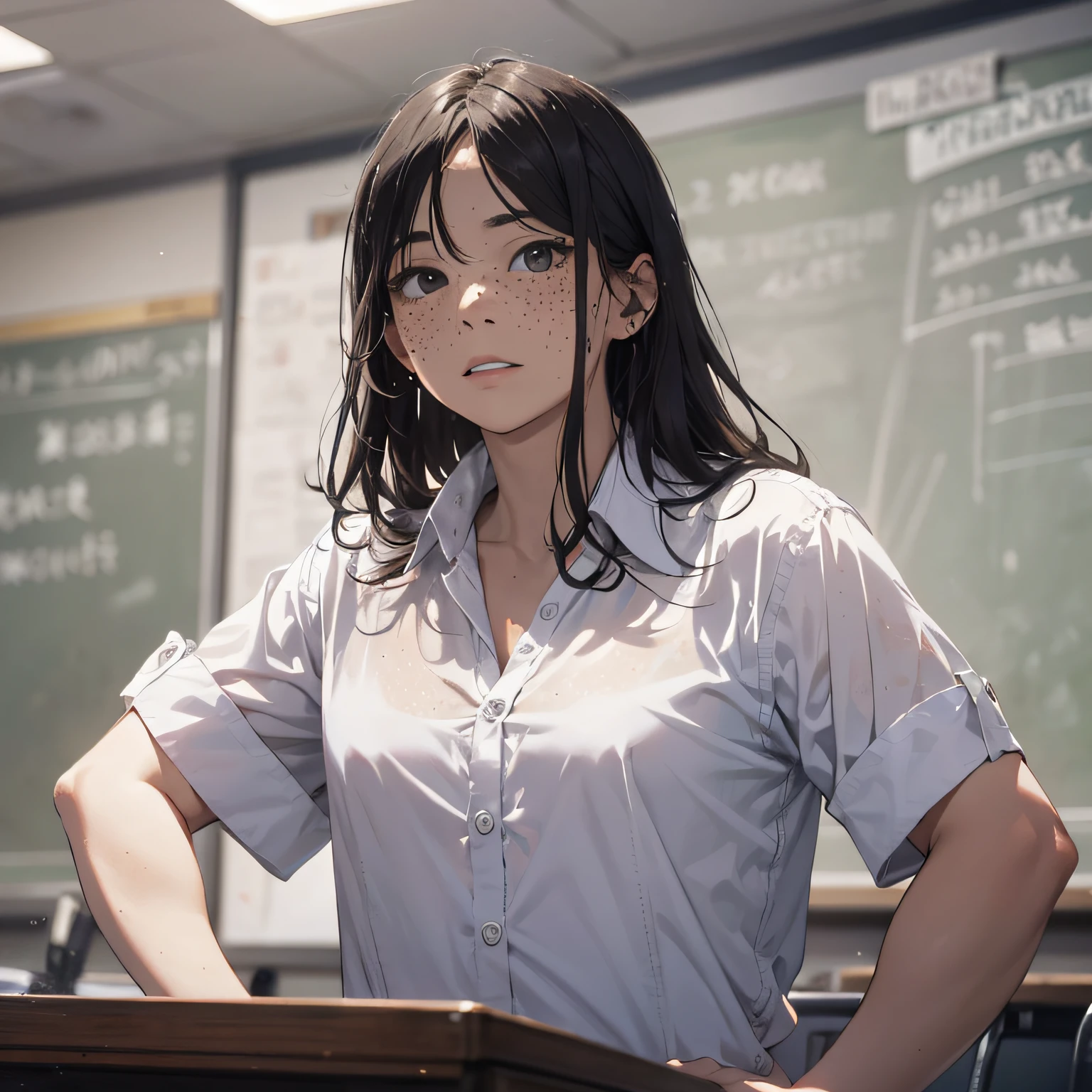 Ridiculous resolution，A high resolution，（tmasterpiece：1.4），Hyper-detailing，white  shirt，‎Classroom，Unhappy expressions，facing at camera，and freckles on his face，An ugly woman，Stand at the podium，Next to him is a middle-aged male teacher