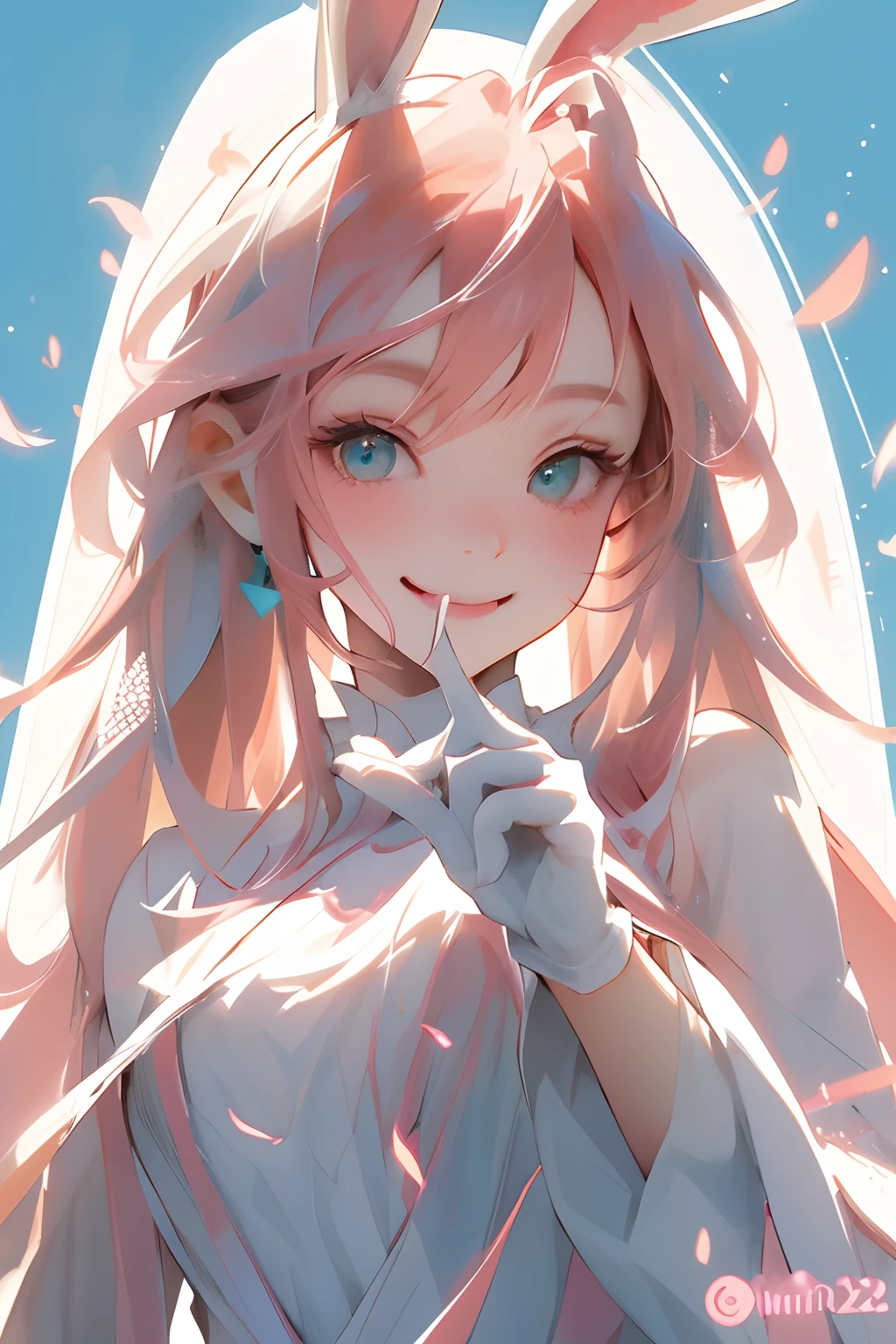 ultra-detailed, bunny ears, pink hair, smile face, bangs, aqua eyes, white gloves, white background