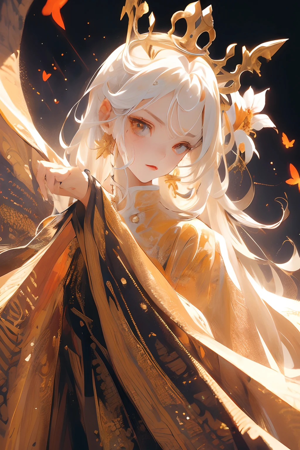 ultra-detailed, 1 girl, beautiful girl, gold eyes, white hair, crown, bangs, kingdom background, flat face, flower on her hand