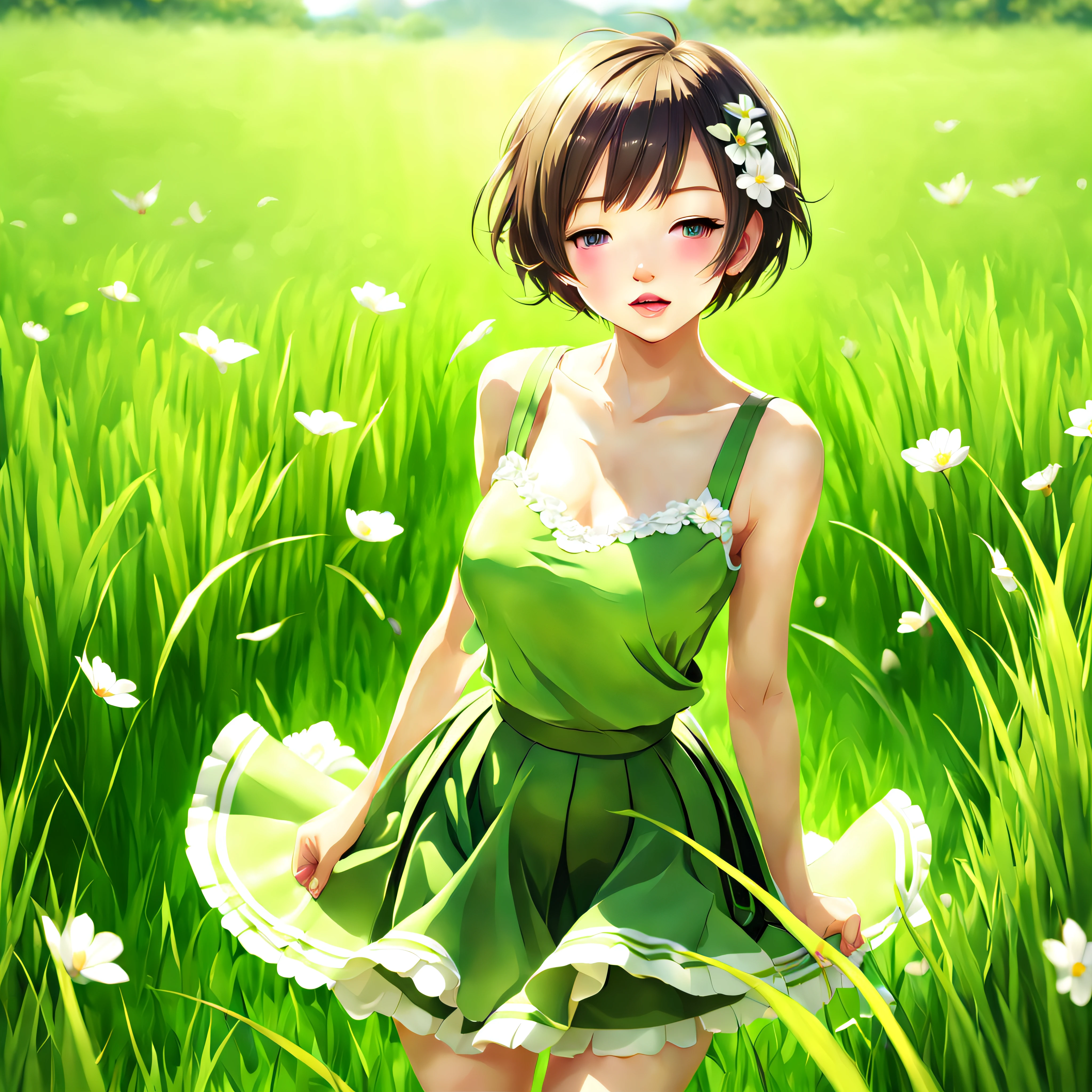 ((top-quality, 8K)), (Realistic), (Face Focus: 1.1), (green grass: 1.3), Kawaii Girl, short-hair,
Hair fluttering in the wind, Facing to the side, Look up at your face, Eyes closed, (Sleeveless: 1.1)?Skirt,
D Cup Breasts,Countless petals