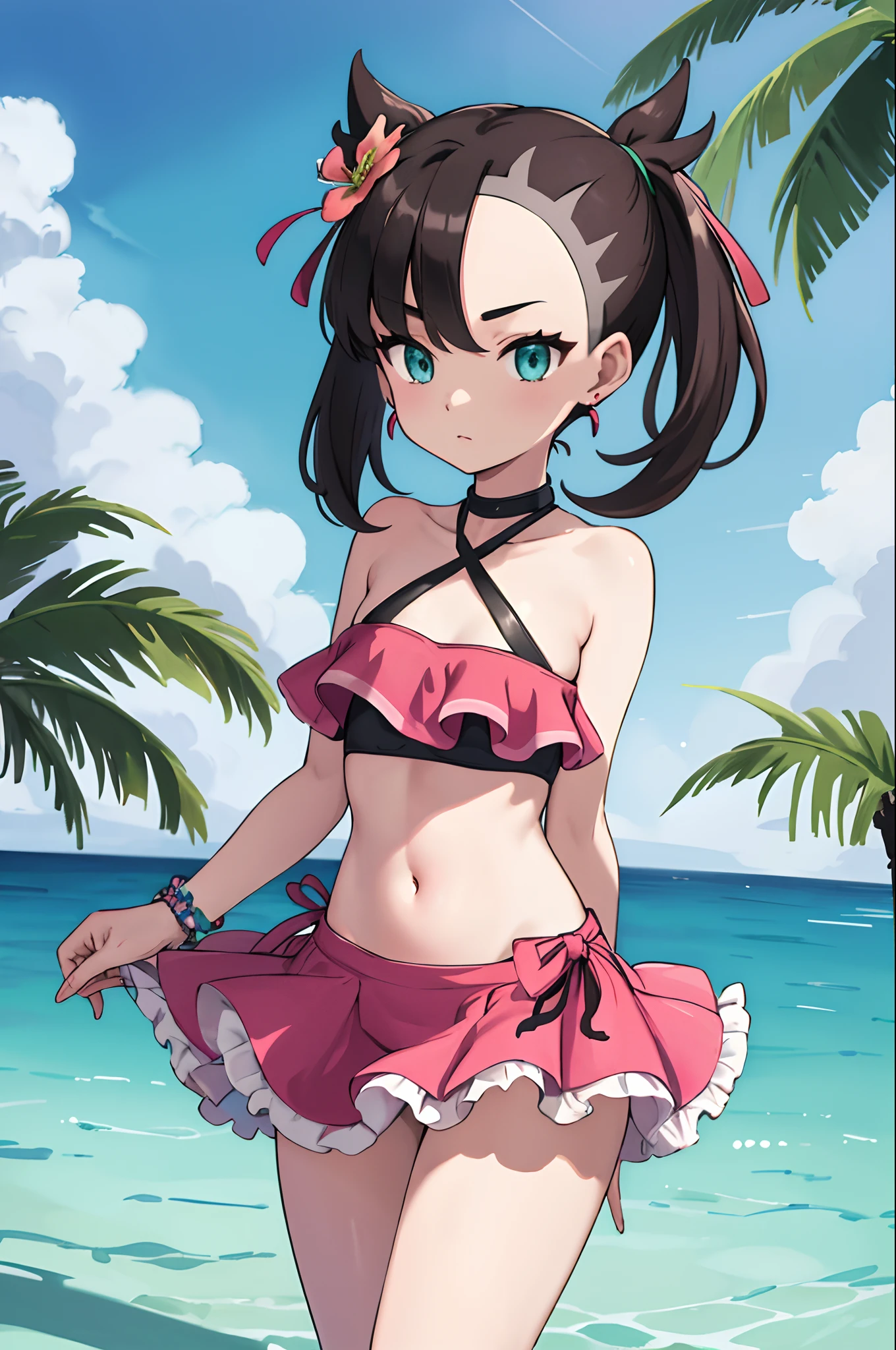 masterpiece, best quality, highres, hmmarnie, aqua eyes, green ribbon, hair flower, earrings, jewelry, halterneck, bracelet, navel, pink swimsuit, frilled bikini, sarong, <lora:marnie_v1:0.7>, cowboy shot, standing, beach