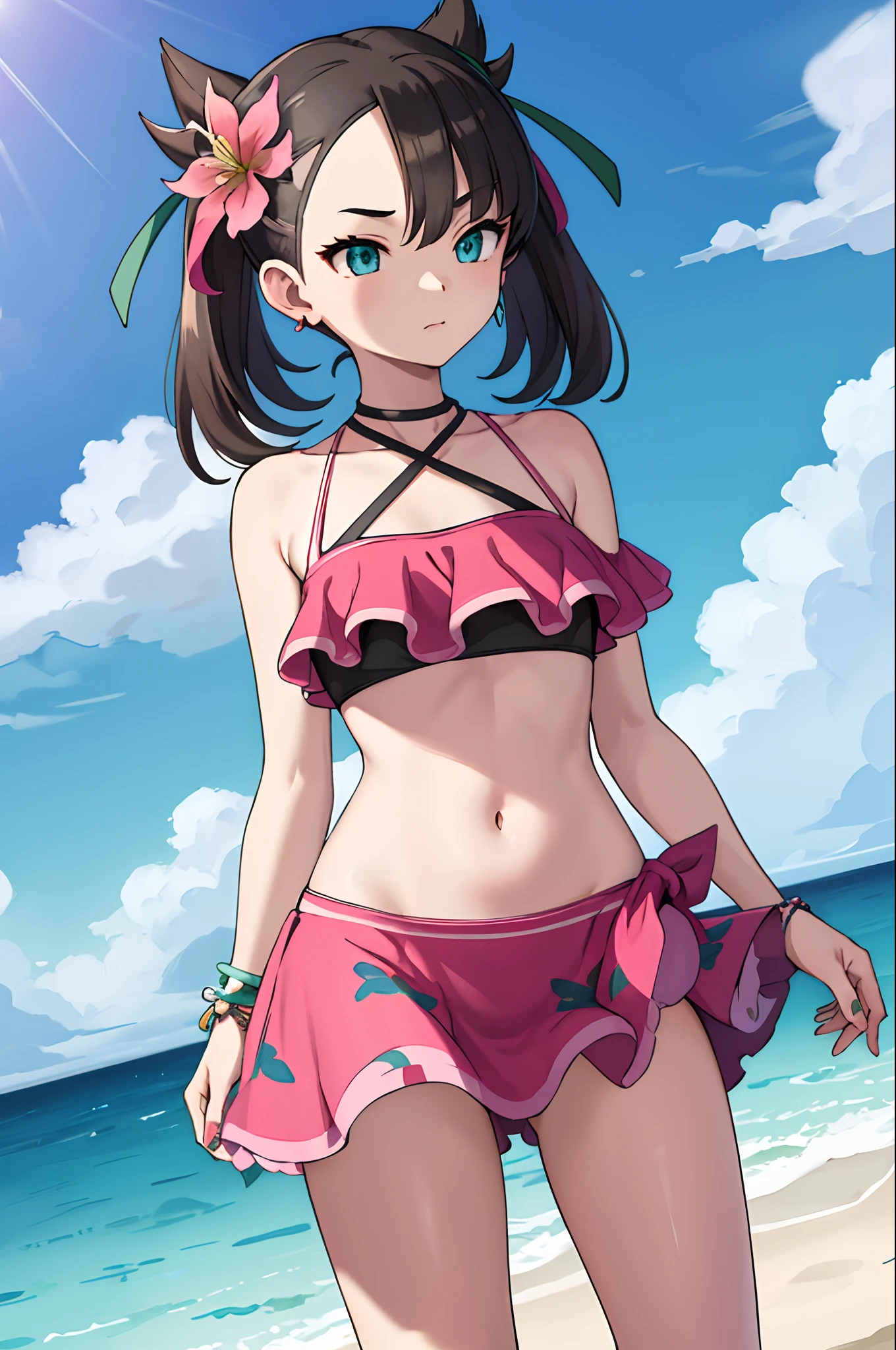 masterpiece, best quality, highres, hmmarnie, aqua eyes, green ribbon, hair flower, earrings, jewelry, halterneck, bracelet, navel, pink swimsuit, frilled bikini, sarong, cowboy shot, standing, beach