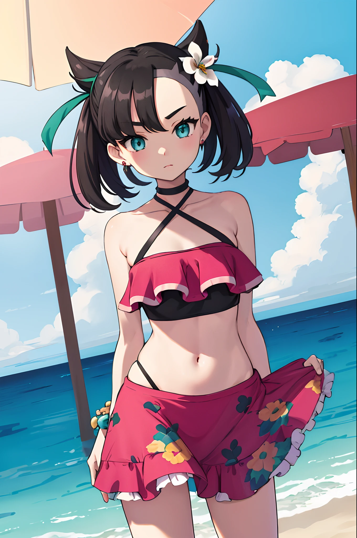 masterpiece, best quality, highres, hmmarnie, aqua eyes, green ribbon, hair flower, earrings, jewelry, halterneck, bracelet, navel, pink swimsuit, frilled bikini, sarong, cowboy shot, standing, beach