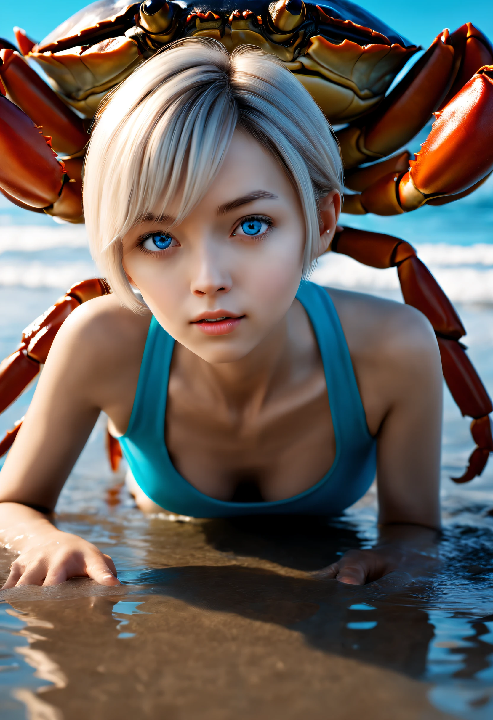 a girl, catch a big crab, sharp focus, 8k, perfect composition, trending on art station, award-winning photograph, cinematic smooth, intricate detail, highly detailed, slim body, silver short hair, blue eyes, full body, from below, splash, fractal art, god ray, beach, snow, teen,