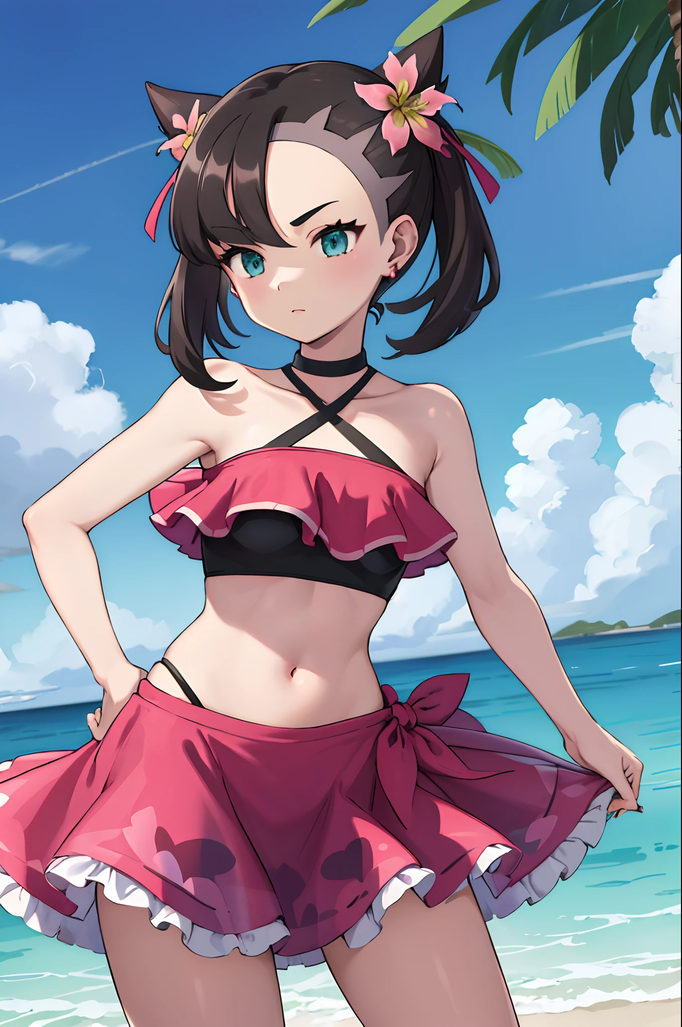 masterpiece, best quality, highres, hmmarnie, aqua eyes, green ribbon, hair flower, earrings, jewelry, halterneck, bracelet, navel, pink swimsuit, frilled bikini, sarong, cowboy shot, standing, beach