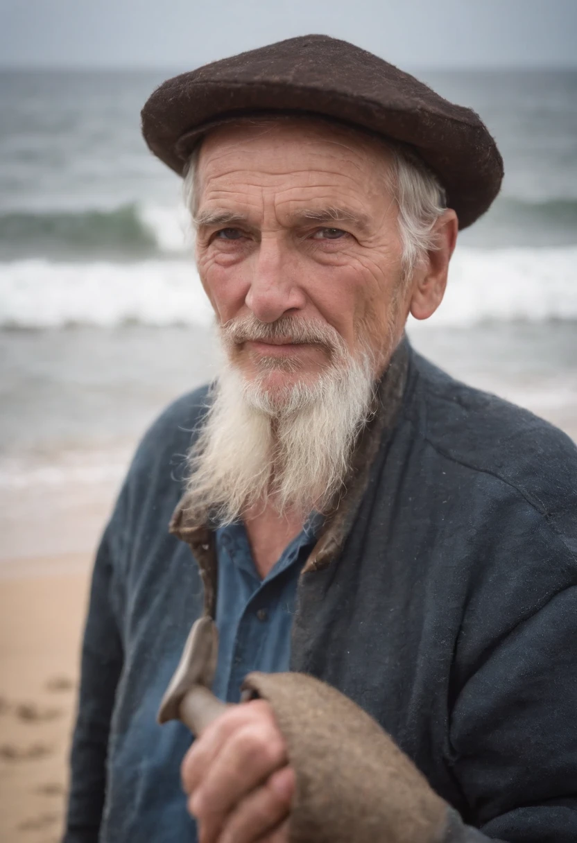 Old man,Wear a hat and a hat,Hold a shovel in hand,Gaze at the waves