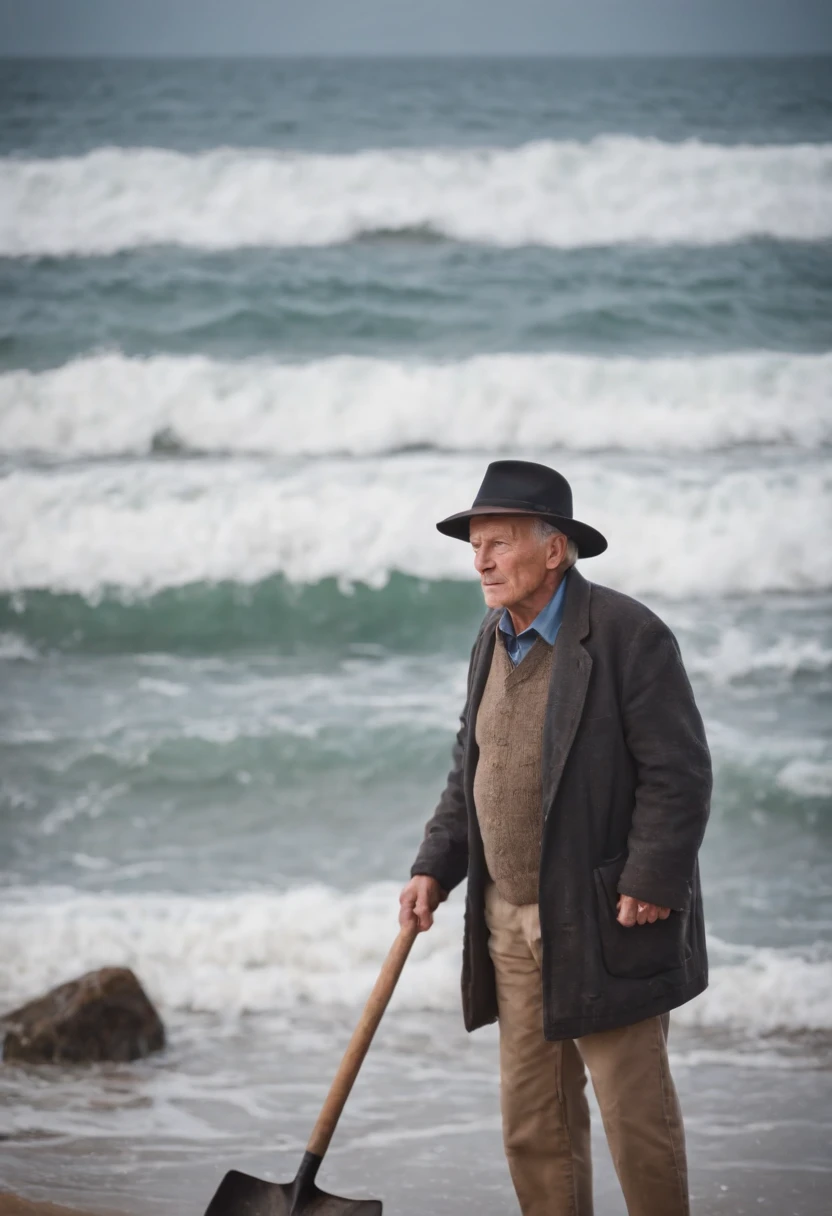Old man,Wear a hat and a hat,Hold a shovel in hand,Gaze at the waves