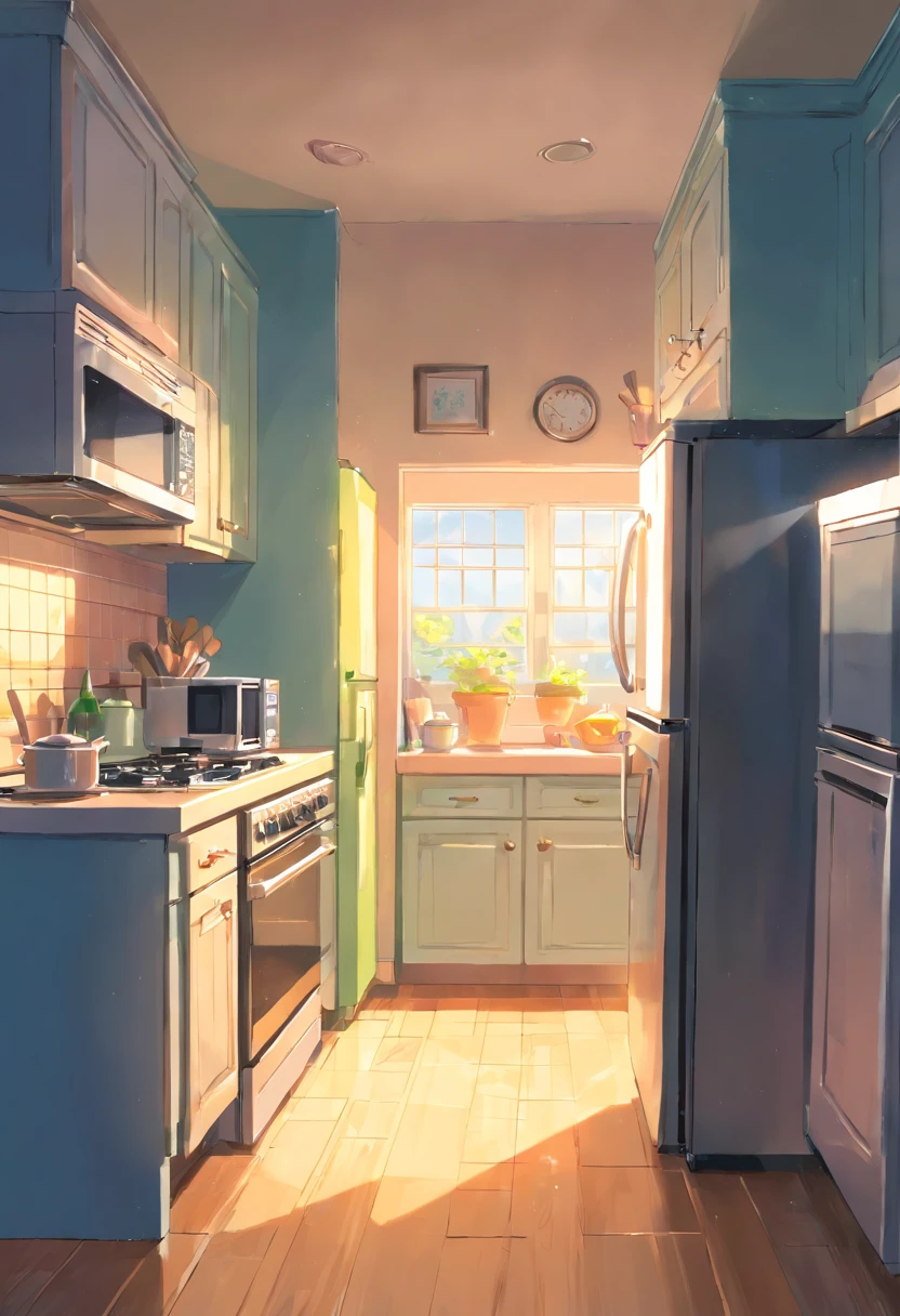 In the bright kitchen,(In the middle is a microwave:1.4),(tap:1.2),cupboard, oven,Super detail, High details, high qulity