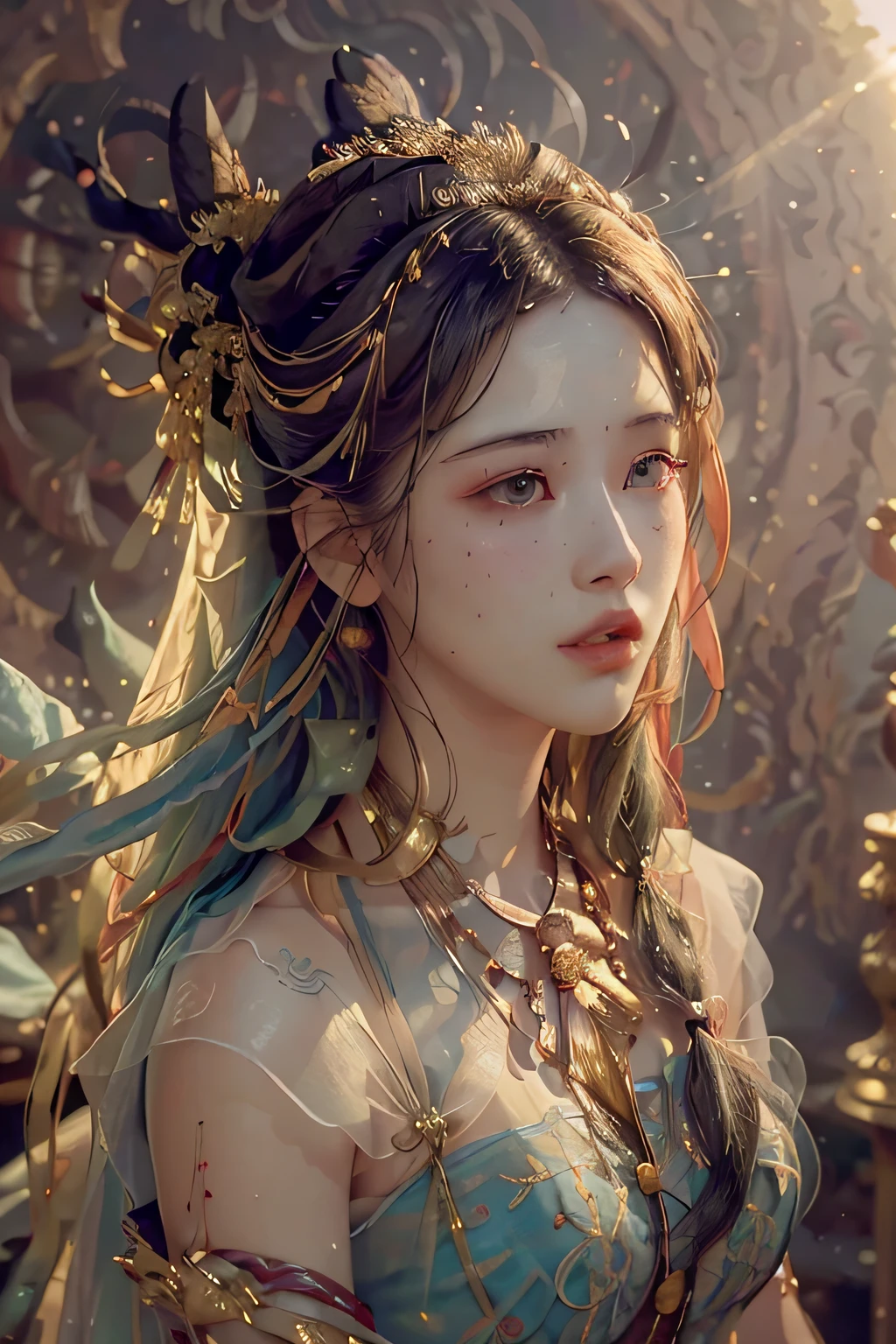(RAW photo, best quality), (realistic, photo-realistic:1.3),best quality,highly detailed,masterpiece,ultra-detailed,illustration,1girl,upper_body,dynamic angle,world masterpiece theater,messy_long_hair,best quality,extremely detailed CG unity 8k wallpaper,ink,Amazing,cinematic lighting,lens_flare,,dunhuang_style