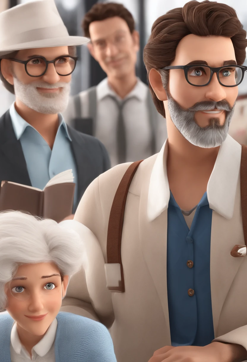 Por favor, gere um personagem 3D bonito inspirado por um antigo professor, com barba branca grande, Glasses and bold head and position it close to an anime-style avatar. The 3D character must incorporate the following characteristics::
The 3D character must have a friendly and approachable facial expression, com um sorriso caloroso, olhos redondos e expressivos transmitindo sabedoria e bondade, and glasses perched on the nose, semelhante ao de Paulo Freire. O personagem deve ter pele clara com bochechas rosadas.
Vestir o personagem 3D em casual, comfortable clothes with vibrant and cheerful colors, Like a button-down shirt or a casual blazer in inviting shades like blue or green. Adicione um cinto marrom na cintura do personagem.
Accessories for the 3D character include comfortable shoes like loafers or sneakers, and they should hold a book under their arm to symbolize Paulo Freire's dedication to education. O livro deve ter uma capa colorida.
Coloque o personagem 3D e o avatar no estilo anime em um ambiente educacional, como uma sala de aula ou biblioteca colorida, highlight Paulo Freire's contributions to education. Ensure that the background creates a friendly and inviting atmosphere.
Style the 3D character with smooth, eye-catching contours in a 3D cartoon look. Use soft, warm lighting to enhance your overall cuteness and friendliness.
Por favor, Generate the characters in a high-resolution format suitable for digital and print use.