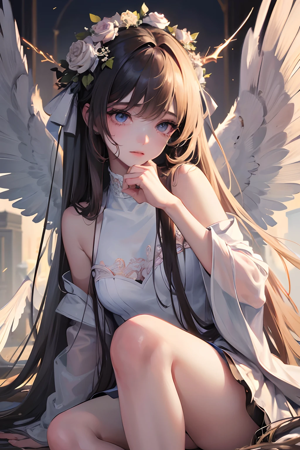 (Masterpiece), (Best quality), Photorealistic, art, sharp focus on face, full bodyesbian,
intricately detailed eyes, Perfect, Beautiful, Bare legs, Soft clothes, Fallen Angel, Crying, heartbreaking,
death, Haze lights, Heavenly, Cinematic, Background with depth, art