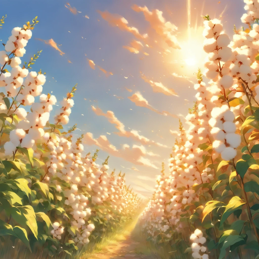 (a beautiful,peaceful) cotton field,cotton plants,blooming white cotton flowers,fresh green leaves,tall and swaying cotton stalks,gentle breeze moving through the field,soft golden sunlight shining from above,a clear blue sky,harvest time,peaceful countryside scene,farmland scenery,rustling sound of leaves in the wind,distant mountains in the background,vibrant and colorful scene,tranquil and serene atmosphere.+(best quality,ultra-detailed,realistic),crisp details,vivid colors,natural lighting,high resolution image.