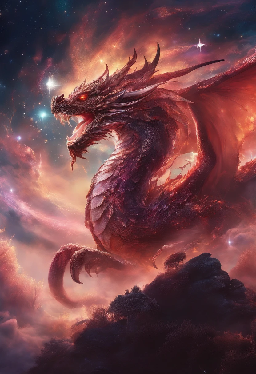 A dragon seemingly formed of the night sky has bright white stars for eyes. Lesser stars twinkle in the firmament of the dragon’s body, Void dragons make their lairs deep in the freezing, airless space between the stars，super-fine，Ultra photo realsisim，Hyper-realistic，Works of masters，8K wind resolution，OC renderer，