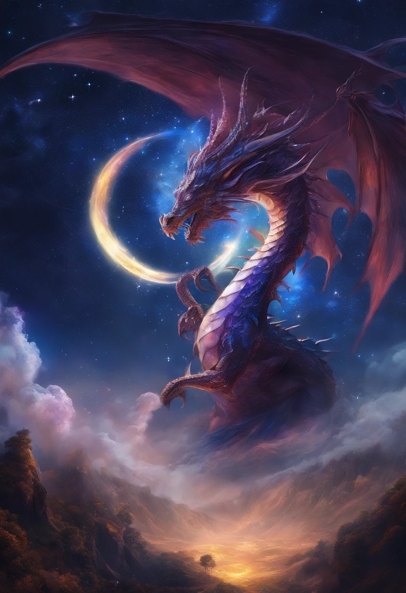 A dragon seemingly formed of the night sky has bright white stars for eyes. Lesser stars twinkle in the firmament of the dragon’s body, Void dragons make their lairs deep in the freezing, airless space between the stars,super-fine,Ultra photo realsisim,Hyper-realistic,Works of masters,8K wind resolution,OC renderer,