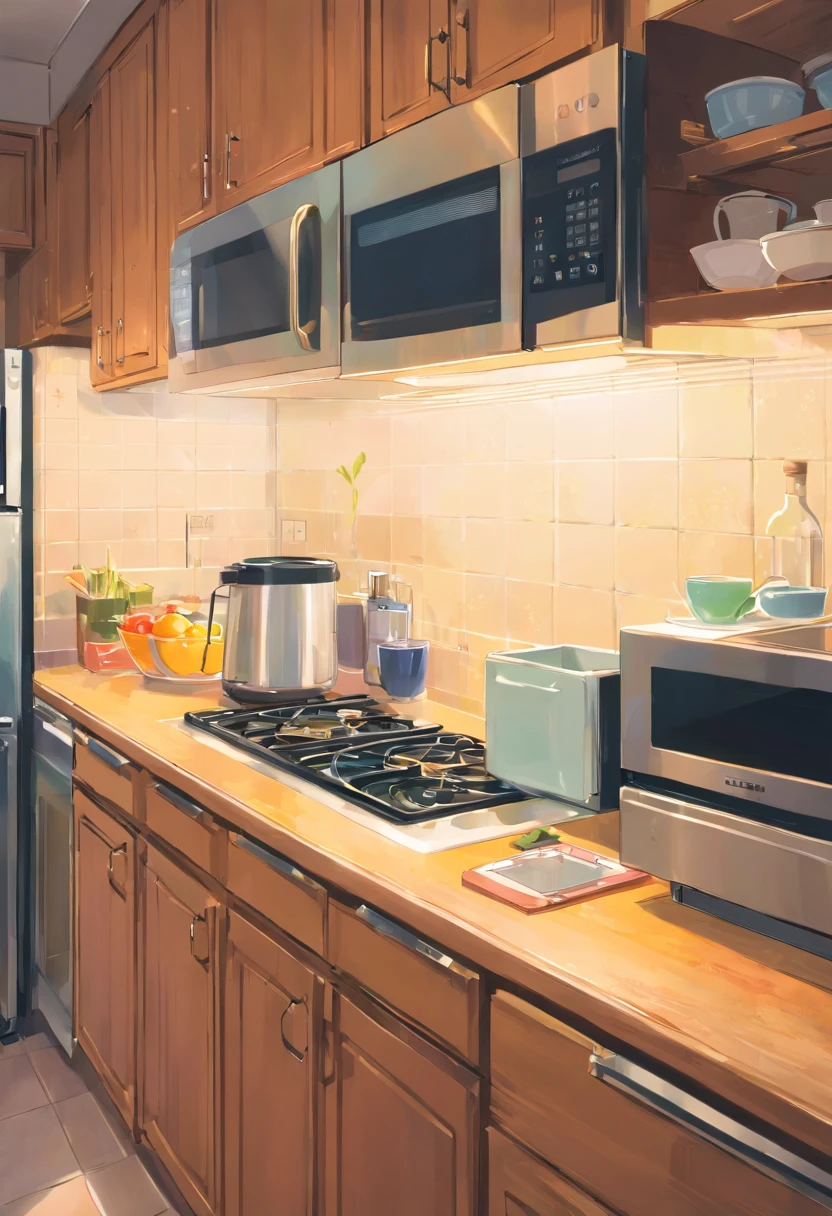 In the bright kitchen,(In the middle is a microwave:1.4),(tap:1.2),cupboard, oven,Super detail, High details, high qulity