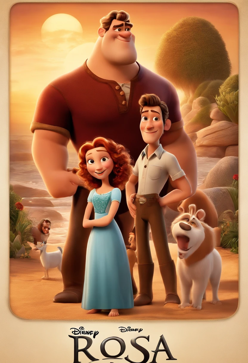a Disney Pixar movie poster showing a white-skinned family. The father is the tallest, Tem barba curta, loiro, cabelos curtos e espinhosos. The mother has brown eyes and hair, shoulder-length and is slightly overweight. A menina tem 4 anos e cabelos castanhos, roupa rosa e rabos de cavalo. The background is a beach garden. 3D-rendering
