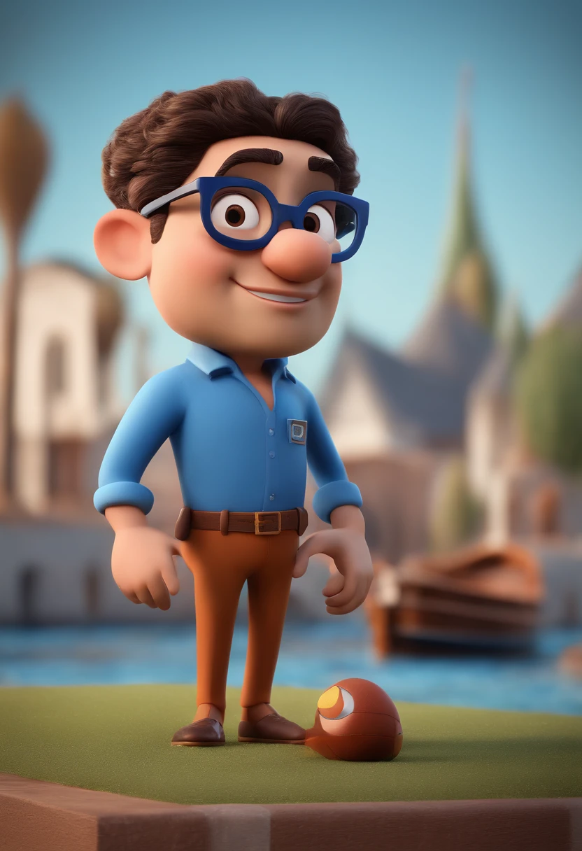 Cartoon character of a man with black glasses and a blue shirt, animation character, Caractere estilizado, animation style rendering, 3D estilizado, Arnold Maya render, 3 d render stylized, toon render keyshot, Personagem 3D, Personagem 3D, 3d rendering stylized, 3 d character render, personagem de desenho animado, Personagem de close up, Pose de personagem,  (Estilo Pixar) (master part:1.2) (Bokeh) (best quality) (pele detalhada) (textura detalhada) (8k) (argila) (Cinematic lighting) (foco nítido